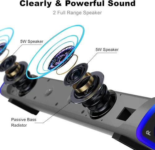 Vista 3 de SOULION Altavoces de computadora R30, altavoz de PC alimentado por USB, luces LED coloridas con botón de interruptor, barra de sonido envolvente Gris