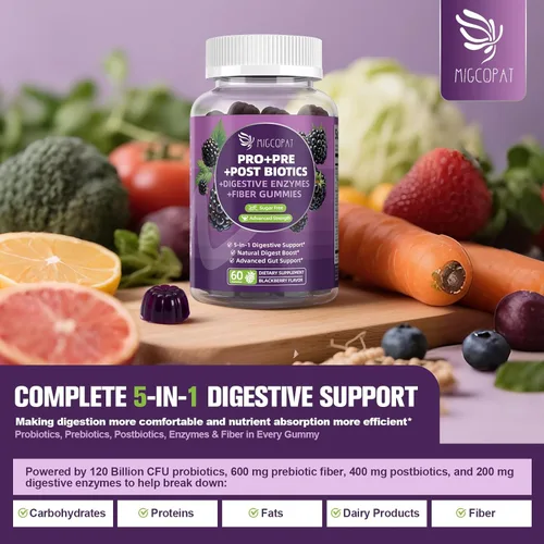 Vista 4 de Migcopat Gomitas de probióticos pre post, enzimas digestivas prebióticas prebióticas posbióticas con fibra, 120 mil millones de probióticos UFC