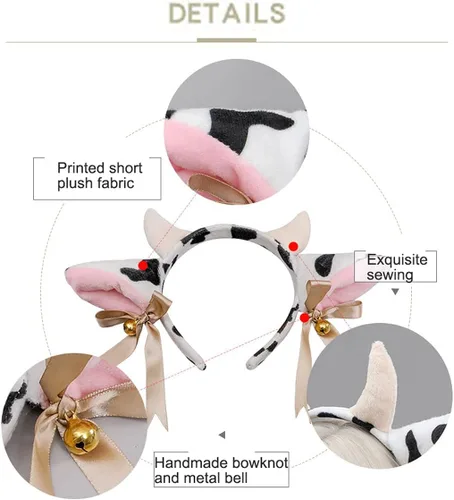 Vista 4 de BPNHNA Diadema con orejas de vaca y cuernos con lazo, campanas de cinta, diadema elástica para el pelo para fiesta, disfraz de animal de cosplay