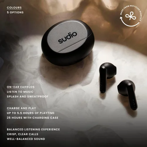 Vista 6 de Sudio A3 All-Day Wireless Earbuds – 25H Playtime, Bluetooth Earphones 5.4, Sweat & Splashproof, Balanced Sound, Clear Calls with Enhanced Mics Negro