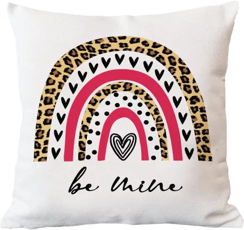 Vista 6 de Funda de cojín con texto en inglés «Be Mine» para el día de San Valentín, diseño de leopardo, a cuadros, arco iris, con contorno