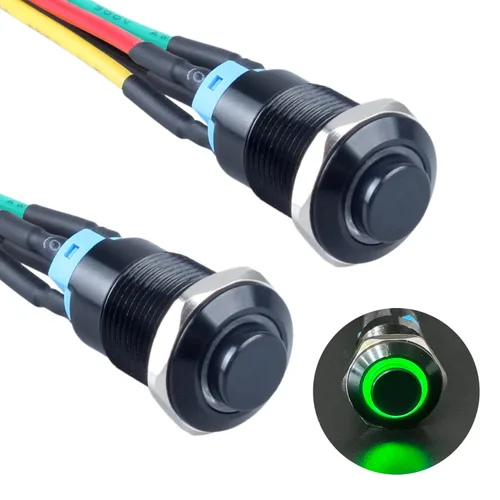 Vista 10 de 2 interruptores de botón con pestillo de 0.472 in con cable pre-soldado de 5.9 in 1NO 12V-24V ON-Off para orificio de montaje de 1/2 pulgada, anillo