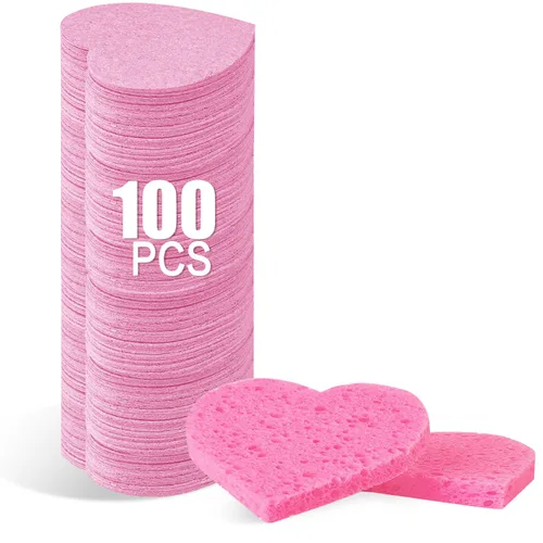 Vista 24 de 100 unidades de esponjas faciales comprimidas en forma de corazón de celulosa natural para esteticistas, esponjas profesionales cosméticas de spa