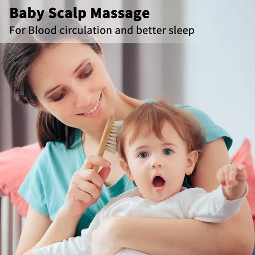 Vista 3 de Juego de cepillos de pelo de cabra para bebé, peine de madera para masaje, peine de cuero cabelludo, kit de cuidado natural seguro para el cabello