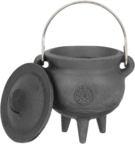 Vista 5 de DOITOOL Mini caldero de hierro fundido con tapa y asa, olla de bruja de Halloween de 4 pulgadas con tapa para decoración de Halloween o quema