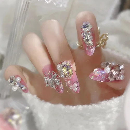 Vista 8 de Uñas postizas a presión, uñas postizas de almendra francesa a presión, uñas postizas medianas y largas, uñas postizas con lazo 3D, uñas acrílicas