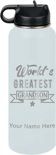 Vista 73 de LaserGram Personalized Water Bottle, World's Greatest Grandson, Stainless Steel Double Wall Vacuum Insulated with Flip Top Straw, Custom Engraved