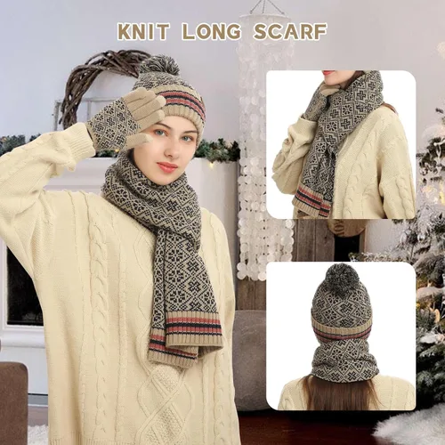 Vista 3 de Juego de bufanda y guantes de invierno para mujer, forro polar, gorro con pantalla táctil, guantes largos para mujer