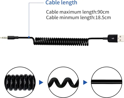 Vista 3 de YACSEJAO Cable USB a conector de audio en espiral de 0.138 in, cable adaptador AUX macho a USB 2.0 para reproductores de MP3, auriculares
