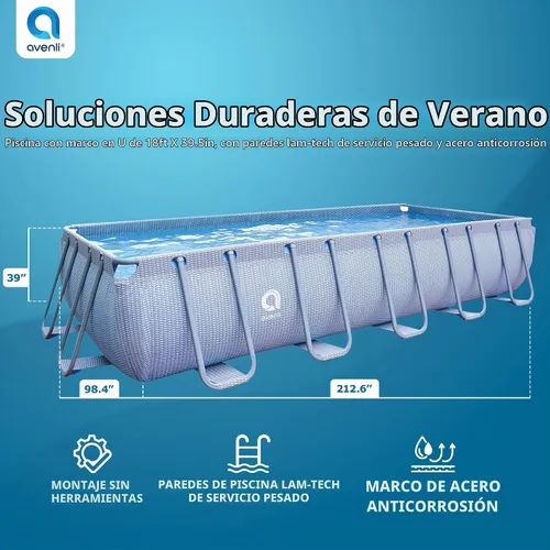 Vista 3 de JLeisure Avenli 17776 - Piscina rectangular sobre el suelo con marco de acero, de 18 x 10 x 4 pies, con kit de reparación, color gris