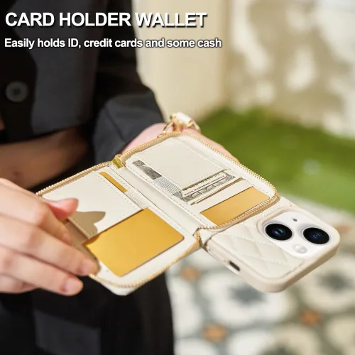 Vista 4 de LAMEEKU Funda tipo cartera diseñada para iPhone 14 con tarjetero y cadena cruzada para mujer, funda RFID a prueba de golpes, compatible con iPhone