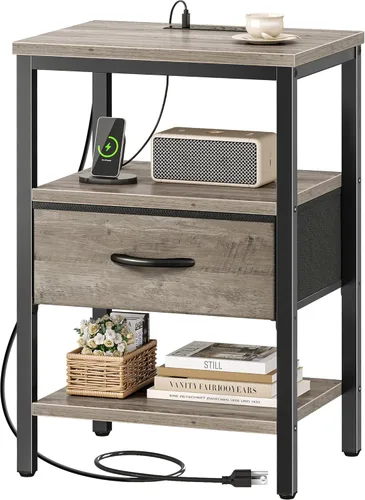 Vista 11 de SUPERJARE - Mesita de noche con estación de carga, con cajón de tela ajustable, para dormitorio, mesa auxiliar de almacenamiento de 3 niveles