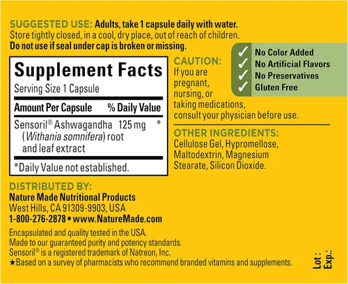Vista 6 de Nature Made Ashwagandha 125 mg, suplemento dietético para apoyo al estrés, 60 cápsulas, suministro para 60 días