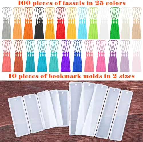 Vista 3 de Caffox Bookmark Mold Kit with 100pcs Tassels and 10pcs Silicone Molds for Epoxy Resin Casting