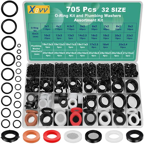XBVV - Kit de arandelas de fontanería y juntas tóricas 32 tamaños, 705 piezas, kit surtido de juntas de goma 2 en 1 para grifo, manguera de jardín,