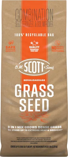 O.M. Scott and Sons Bermudagrass - Semilla de césped, fertilizante y mejorador del suelo, tolerante a la sequía una vez establecida, cubre hasta