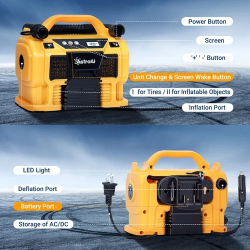 Vista 8 de AstroAI Compresor de aire para inflador de neumáticos portátil y AstroAI para coche 2000 A gran pantalla LCD digital