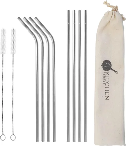 Juego de 8 popotes reutilizables de metal de acero inoxidable con 2 cepillos de limpieza y estuche de viaje para 20 – 30 onzas, color plateado