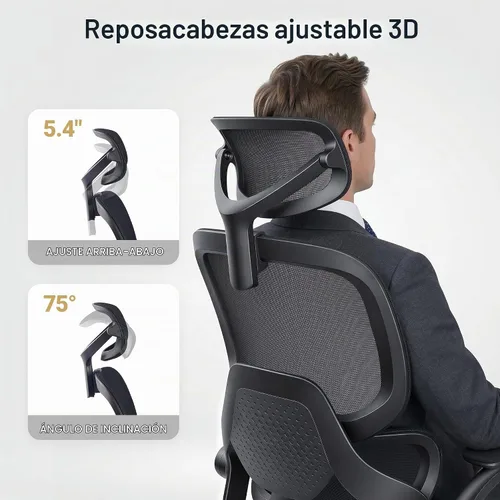 Vista 4 de Silla de oficina ergonómica con reposabrazos abatibles, soporte lumbar ajustable, silla de computadora con respaldo de malla transpirable, sillas