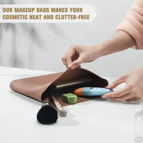 Vista 3 de FERYES Bolsa de maquillaje de silicona, bolsa de aseo de viaje prémium para mujer, bolsa de cosméticos fácil de transportar para maquillaje