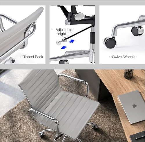 Vista 4 de Gray Office Chair, PU Leather Mid Back Adjustable Desk Chair Ribbed padded seat, adjustable height, swivel wheels and armrests for conference