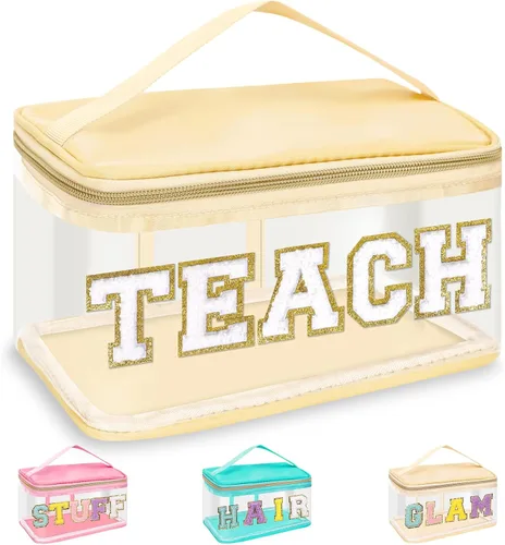 Vista 15 de izuzta Bolsas de maquillaje transparentes con letras de chenilla, bolsa de maquillaje de parche preppy con asa Rostro rosa y pelo-verde