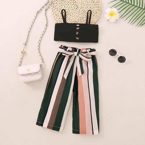 Vista 3 de BDSLYBD Conjunto de verano a rayas para niÃ±as pequeÃ±as, camiseta sin mangas con botones y pantalones de pierna ancha a rayas