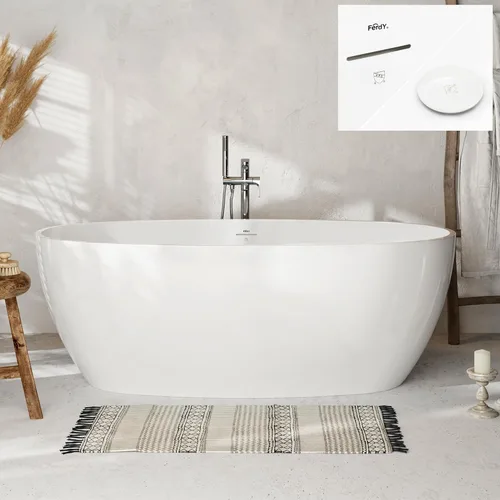Vista 15 de FerdY Tahití - Bañera de acrílico independiente de 55 pulgadas, elegante bañera de remojo de forma ovalada, blanco brillante, drenaje dorado