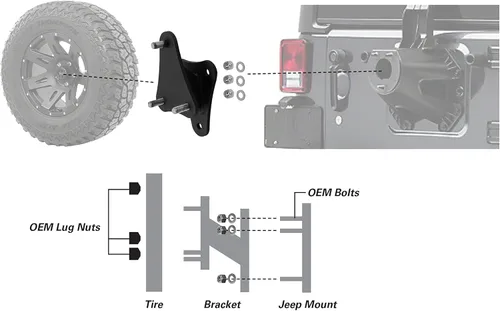 Vista 2 de Extreme Max 5001.5797 Soporte de reubicación de neumáticos de repuesto para modelos Jeep Wrangler JK 2007-2018, color negro