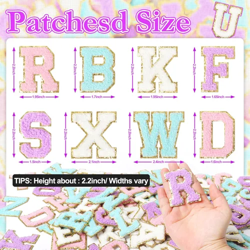 Vista 2 de NICEVINYL Parches de letras de chenilla autoadhesivas: 104 piezas de parches de letras preppy de colores mixtos - Parche de iniciales universitarias