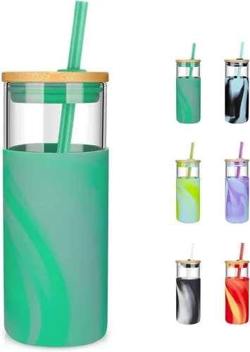 Vista 37 de Tronco Vaso de vidrio de 20 onzas con tapa y popote, taza de café helado y vaso para batido con tapas de bambú y funda protectora de silicona, apto