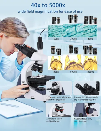 Vista 5 de Microscopio para adultos 40X-5000X de aumento de grado de laboratorio con etapas mecánicas duales y cámara USB HD Microscopio trinocular