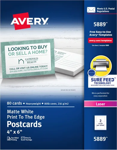 Avery Postales imprimibles con tecnología Sure Feed, 4 "x 6", blanco, 80 postales en blanco para impresoras láser (5889)