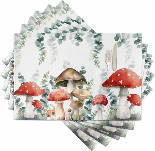 Mushroom Eucalyptus Table Placemats for Dining Table Set of 6,Cotton Linen Cloth Kitchen Place Mats with Pocket,Washable Burlap