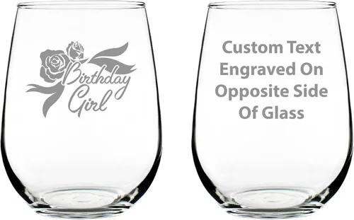 Custom Birthday Girl - Personalized Stemless Wine Glass Birthday Gifts for Women - Bday Party Decor - Large 17 Oz Glasses - Customized Wine Glass