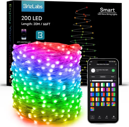 Vista 17 de BrizLabs Guirnalda de luces de hadas – Paquete de 2 luces LED de 66 pies, 200 luces LED que cambian de color con control remoto, enchufable RGB