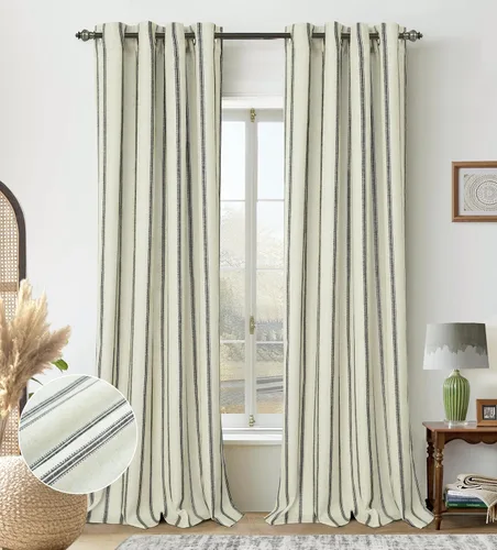 Vista 30 de DriftAway Cortinas opacas de mezcla de lino de 84 pulgadas de largo para dormitorio, cortinas de lino con estampado de rayas verticales