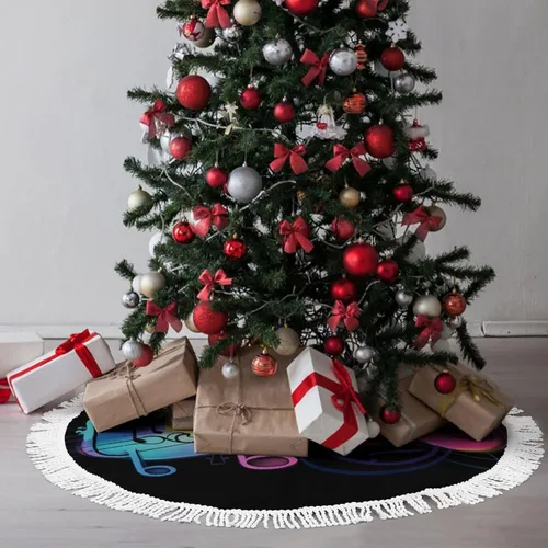 Vista 7 de Rainbow Musical Note Melody Christmas Tree Skirt Double Sided Waterproof Winter Xmas Tree Mat Decor Retro Xmas Tree Skirt with Tassels for New Year