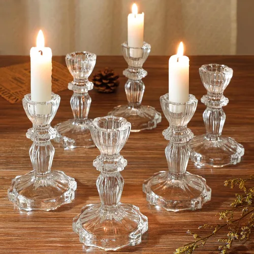 Vista 2 de Juego de 6 candelabros de cristal transparente de 4.33 pulgadas de alto para decoración de portavelas de cristal para decoración de bodas