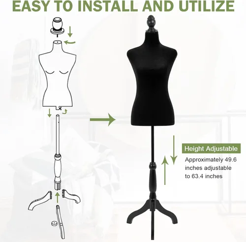 Vista 6 de Professional Adjustable Dress Form Mannequin with Stable Tripod Base Stand - Female Torso for Sewing, Clothing Design, Display & Tailoring Black