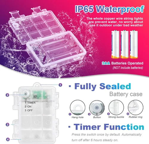 Vista 4 de Guirnalda de luces de hadas con temporizador de 33 pies, 2 unidades, 100 luces LED, funciona con pilas, para exteriores, impermeable, para bodas