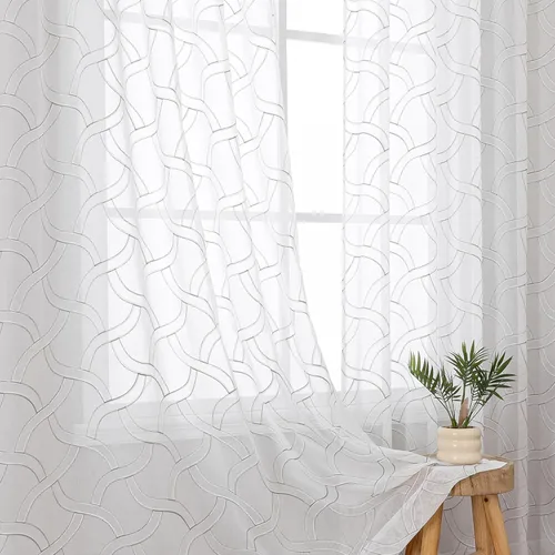 Vista 24 de VISIONTEX Cortinas traslúcidas blancas de 95 pulgadas de largo, juego de 2 paneles de cortinas beige marroquíes bordadas en enrejado, textura