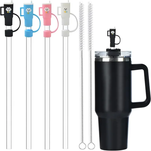 ALINK Paquete de 4 popotes de repuesto y cubiertas para popotes Stanley de 40 onzas y 30 onzas, popotes transparentes de plástico reutilizables de