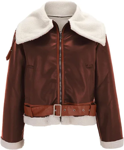 Vista 7 de JOFOW Chaquetas de gamuza para mujer, con solapa, cuello de vellón, con cinturón, forro de franela, abrigos, holgados, a la moda, talla extra grande