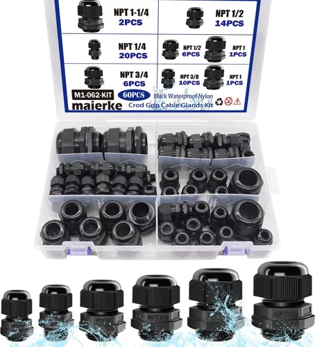 Vista 7 de Juego de 20 prensaestopas de cable NPT de 1/2 pulgada, impermeables, ajustables, de nailon, para alivio de tensión, color negro con juntas
