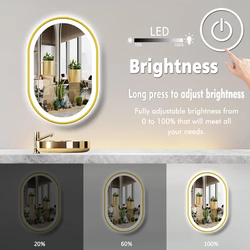 Vista 2 de Espejo ovalado LED dorado de 24 x 16 pulgadas con luces, marco dorado, espejo de tocador iluminado ovalado para pared de baño, montaje
