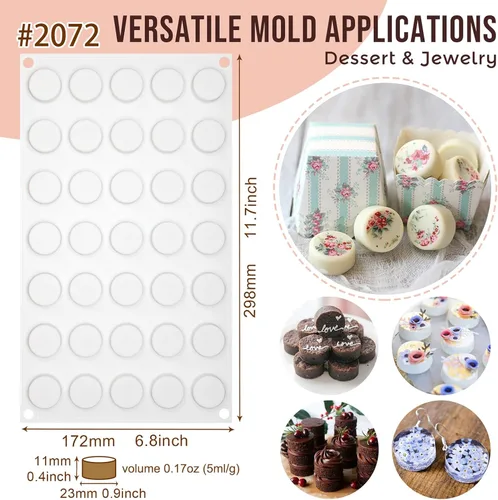 Vista 4 de Molde de silicona de disco redondo plano para hornear, 2 tamaños para mini tarta galletas, postre, chocolate, caramelo, caramelo, resina epoxi
