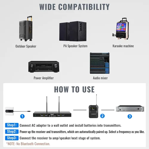 Vista 6 de Phenyx Pro Juego de micrófono inalámbrico de 4 canales PTU-5200-4B incluido con cable de serpiente de 3 pies