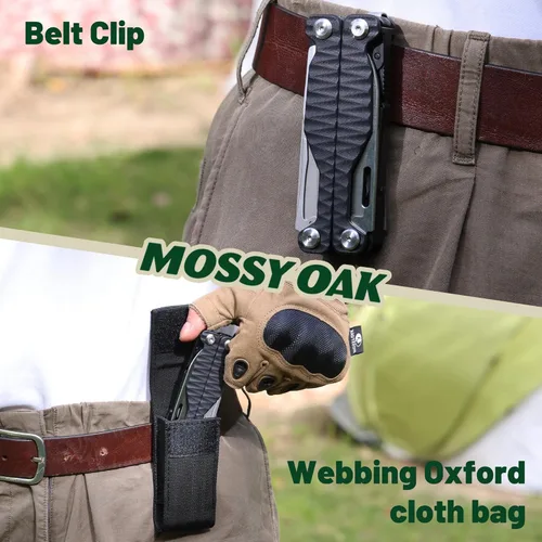 Vista 5 de MOSSY OAK Multiherramienta, multiherramienta EDC 17 en 1 con alicates de acero mecanizado CNC, mango antideslizante G10, funda de nailon y clip