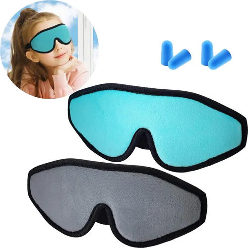 Vista 10 de 2 Piezas Máscaras de Sueño 3D para Niños de Espuma Viscoelástica Contorneada para los Ojos, Cubierta de Ojos para Dormir de Viaje con Correa Azul